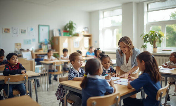 Create a modern classroom to show Supporting Every Child Without Losing the Whole Class (Calm, warm, and professional tone)